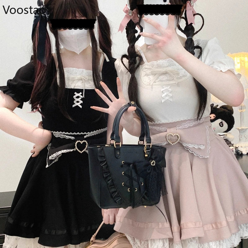 Japanese Kawaii Lolita Style T-shirt Women Sweet Cute Lace Ruffles Puff Short Sleeve Slim Tops Female Gothic Y2k Tee Retro Shirt