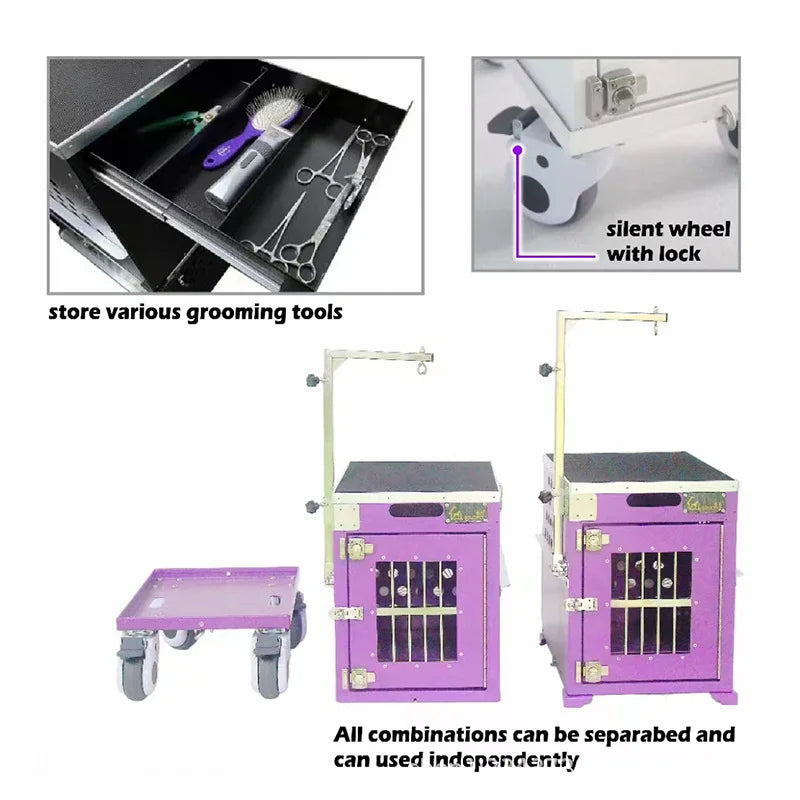 Stackable Lockable Aluminum Two Berth Double Decker Dog Show Cage Set Trolley Grooming Arm Drawer Button