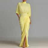 Yellow Lady Turtleneck Pleated Party Dress Autumn Seven Quarter Sleeve High Waist Irregular Dress Fashion Split Solid Long Dress