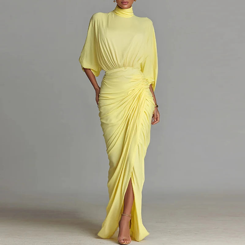 Yellow Lady Turtleneck Pleated Party Dress Autumn Seven Quarter Sleeve High Waist Irregular Dress Fashion Split Solid Long Dress