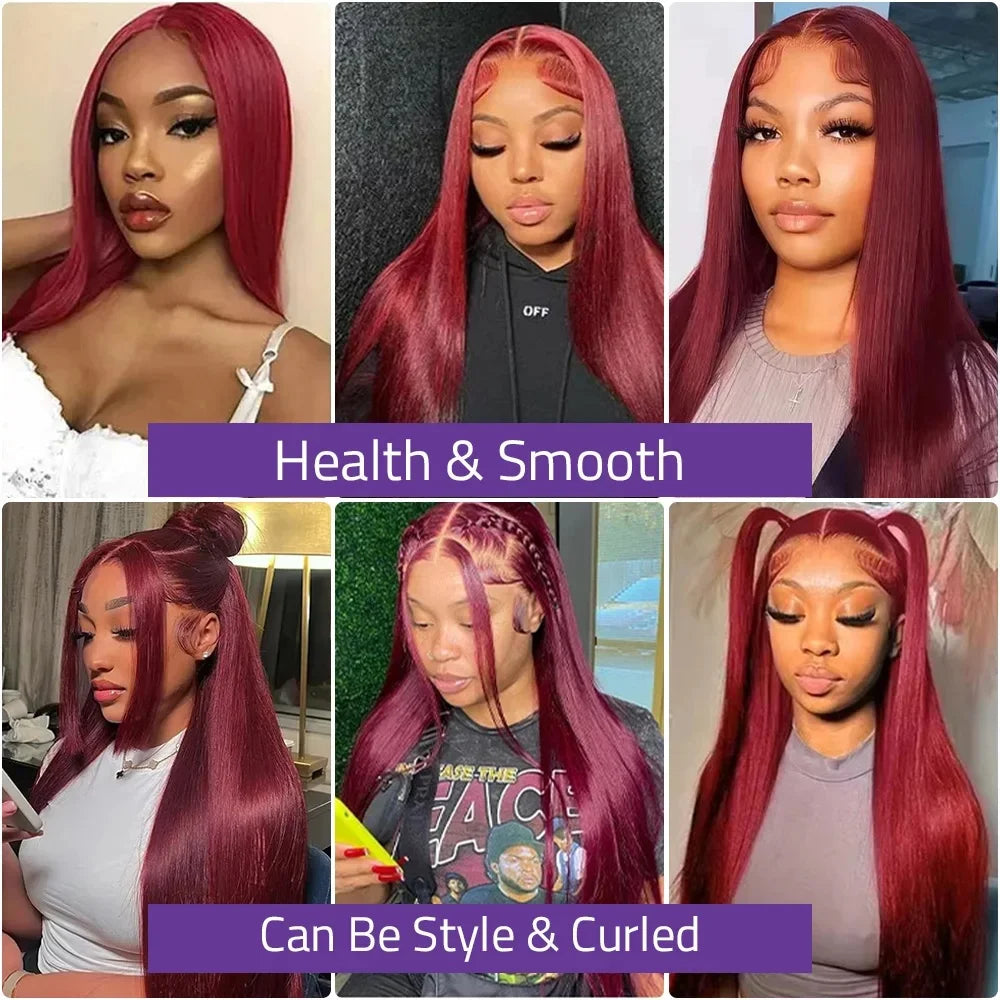 99j Burgundy Lace Frontal Human Hair Wig 250 Density Pre Plucked Red