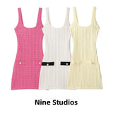 Ele ort Knitted Dr Women's Elastied Knit with Button Strap Vest Sle Casual Spring Summer Autumn Polyester Fabric