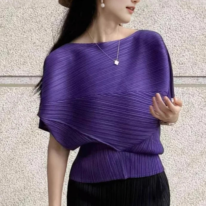 Pleated Top 2026 New Round Neck Short Sleeve Batwing T-Shirt Women Summer Lightweight Vacation Travel Women's Clothing