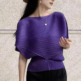 Pleated Top 2026 New Round Neck Short Sleeve Batwing T-Shirt Women Summer Lightweight Vacation Travel Women's Clothing