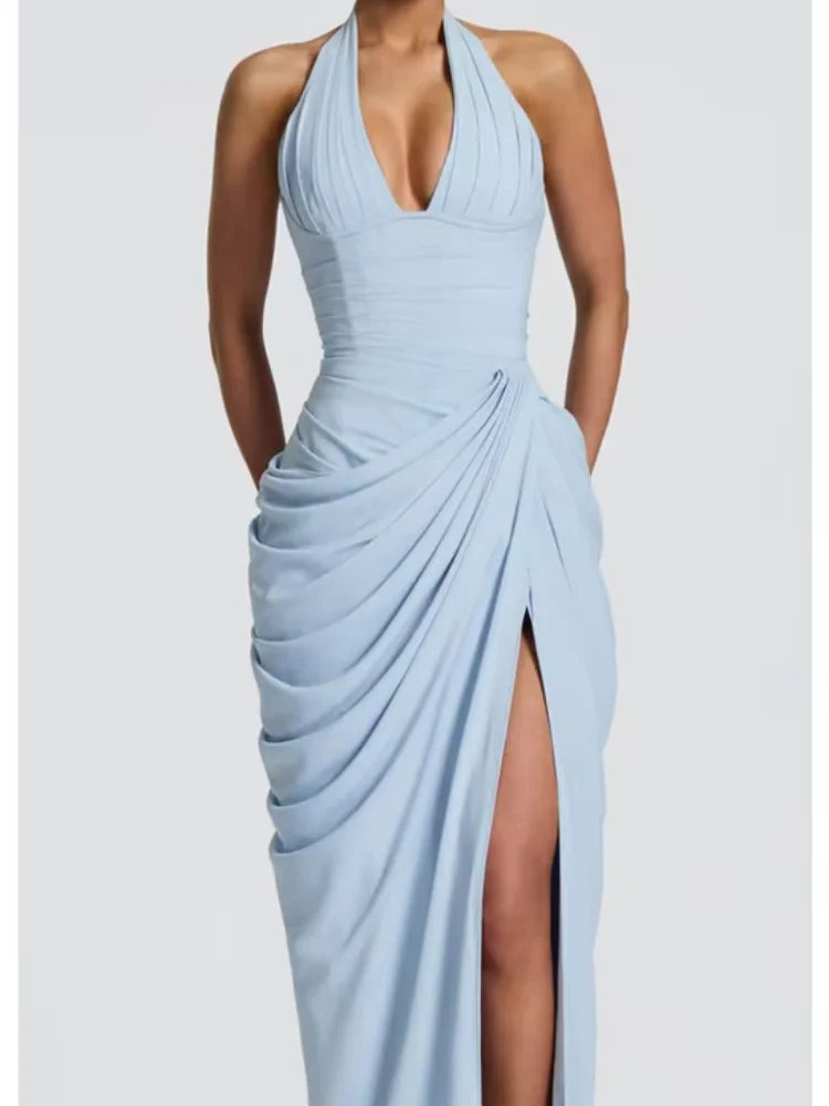 Solid Satin Cowl Neck Women's Dress Elegant Sleeveless Ruched Waist Fishtail Bodycon Lady Vestido 2026 Summer Party Dresses