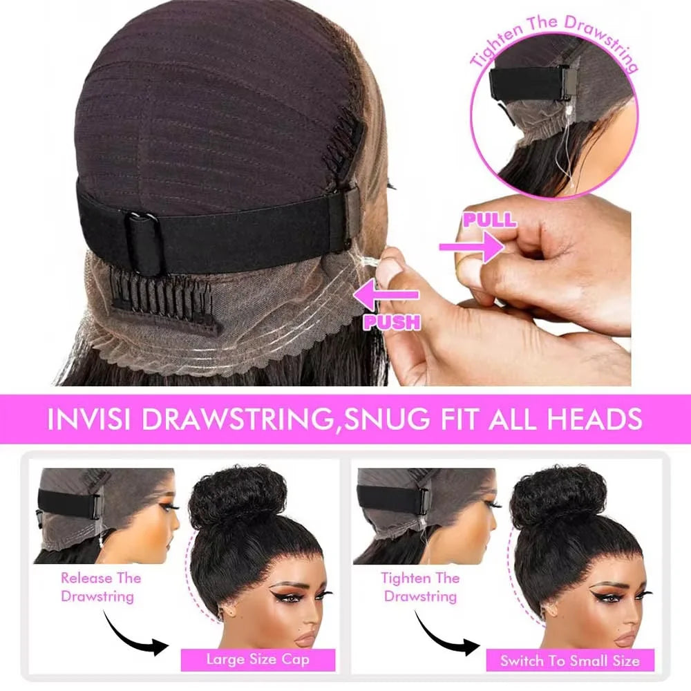 250Density Invisi Strap 360 Full Lace Glueless Wig Invisible Drawstring Frontal Wig 30 Inch Kinky Straight Lace Front Human Hair