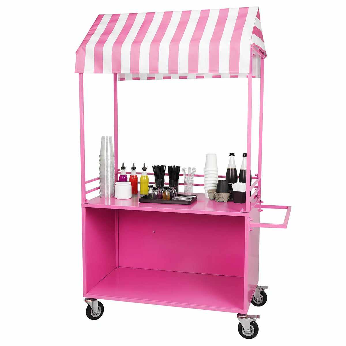 Mobile Food Display Stand with Lockable Wheels Vending Stand Kiosk Display Trolley with Canopy for Shopping Malls Events Streets