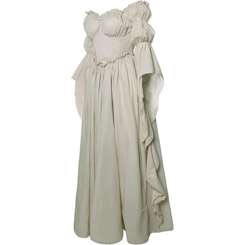 Women's Renaissance Gothic Court Off Shoulder Maxi Dress Vintage Ruffle Hem Medieval Victorian Stage Performance Costume Gown
