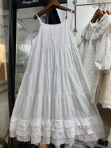 Japan Style Mori Girl Sweet Cotton Hollow Out Embroider White Dress Women Spaghetti Strap Robe White Beige Petticoat Dress