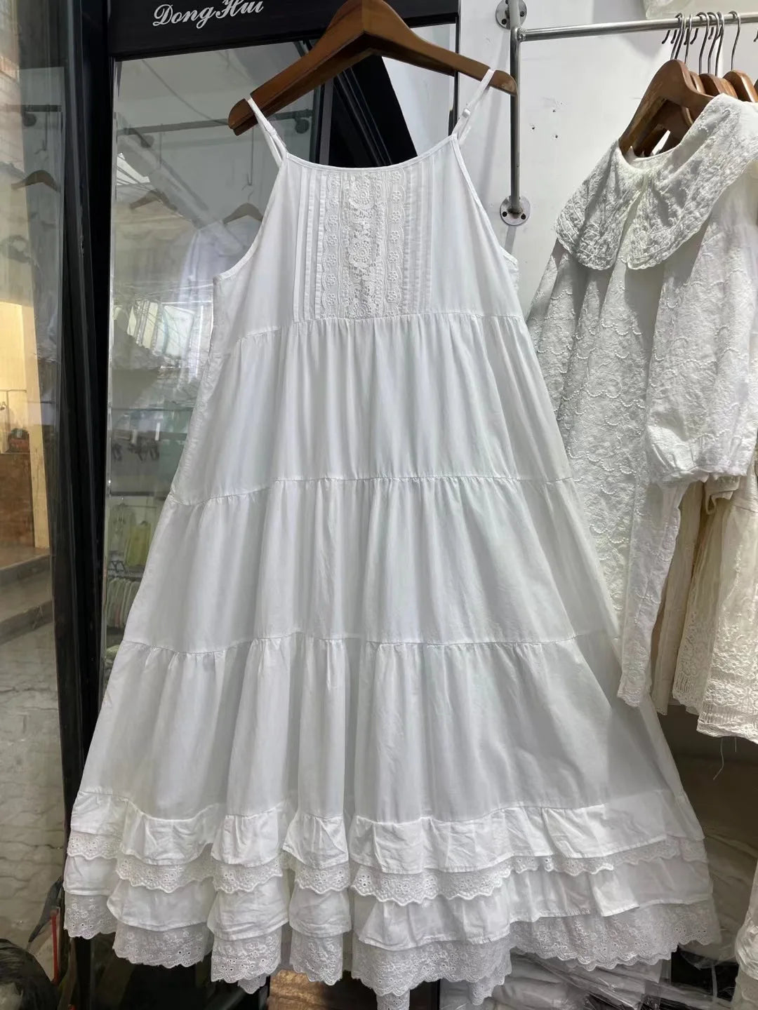 Japan Style Mori Girl Sweet Cotton Hollow Out Embroider White Dress Women Spaghetti Strap Robe White Beige Petticoat Dress