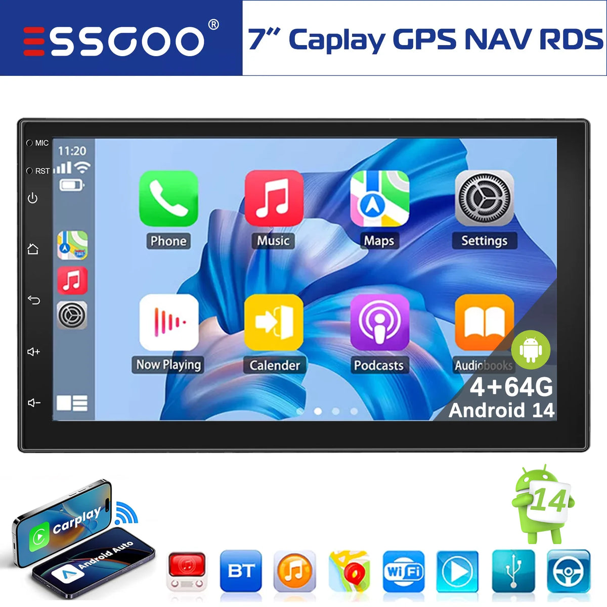 7" Double 2 DIN Android 14 CarPlay Car Stereo Multimedia Video Player GPS Navigation Wifi FM/RDS Bluetooth Multimedia Fit Nissan