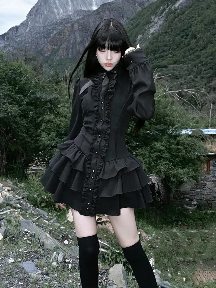 Aoaiiys Mini Dress Women Black Gothic Lace Spliced Dresses Y2K Japanese Streetwear Lolita Dresses Spicy Girls Fall Clothes New