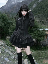 Aoaiiys Mini Dress Women Black Gothic Lace Spliced Dresses Y2K Japanese Streetwear Lolita Dresses Spicy Girls Fall Clothes New