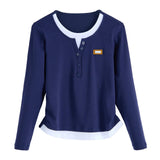 Deep Blue Long Sleeved T-Shirt for Women's Autumn New High-End Cotton Fashion Plus Size V-Neck Fake Two Piece Casual Top