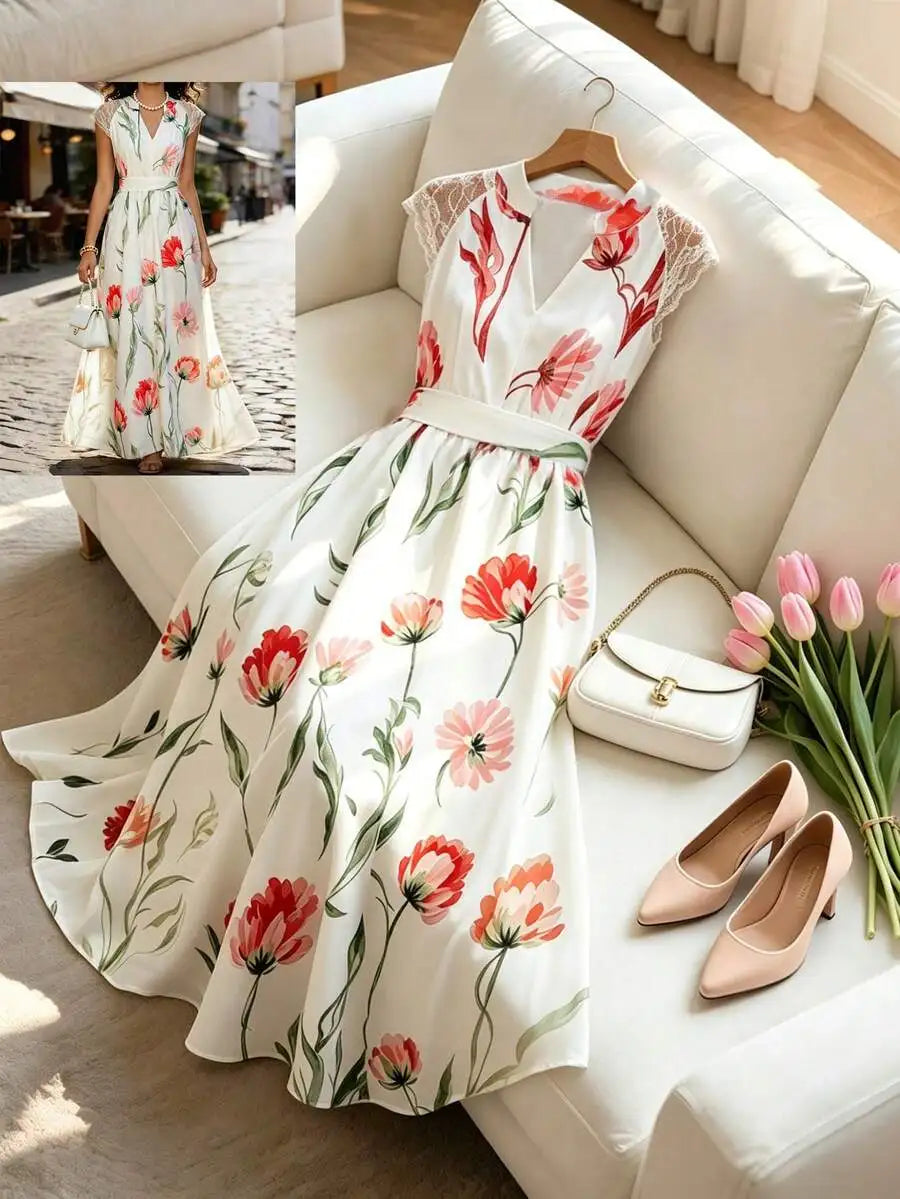 Women's Spring/Summer Floral Print Flower Ruffle Hem A-Line Dress, Elegant Sexy Golf White
