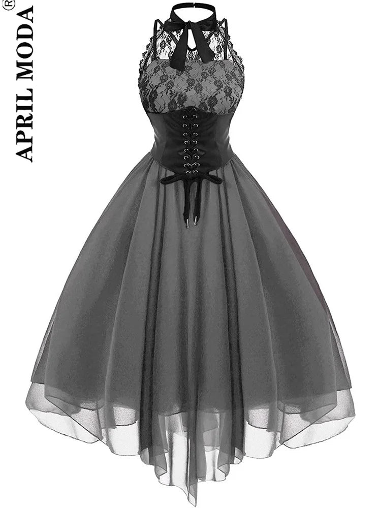 Irregular Hem Black High Waist Gothic Dresses Sleevesless Lace Chiffon Patchwork Aesthetic Goth Harajuku A-Line Dress for Women