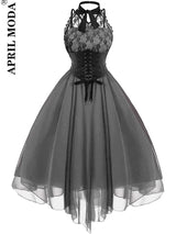 Irregular Hem Black High Waist Gothic Dresses Sleevesless Lace Chiffon Patchwork Aesthetic Goth Harajuku A-Line Dress for Women