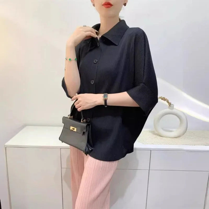 Miyake Pleated Lapel Button Up Short Sleeved Top for Women's Fashion,commuting Solid Color Shirt Spring 2024 Women's Clothing