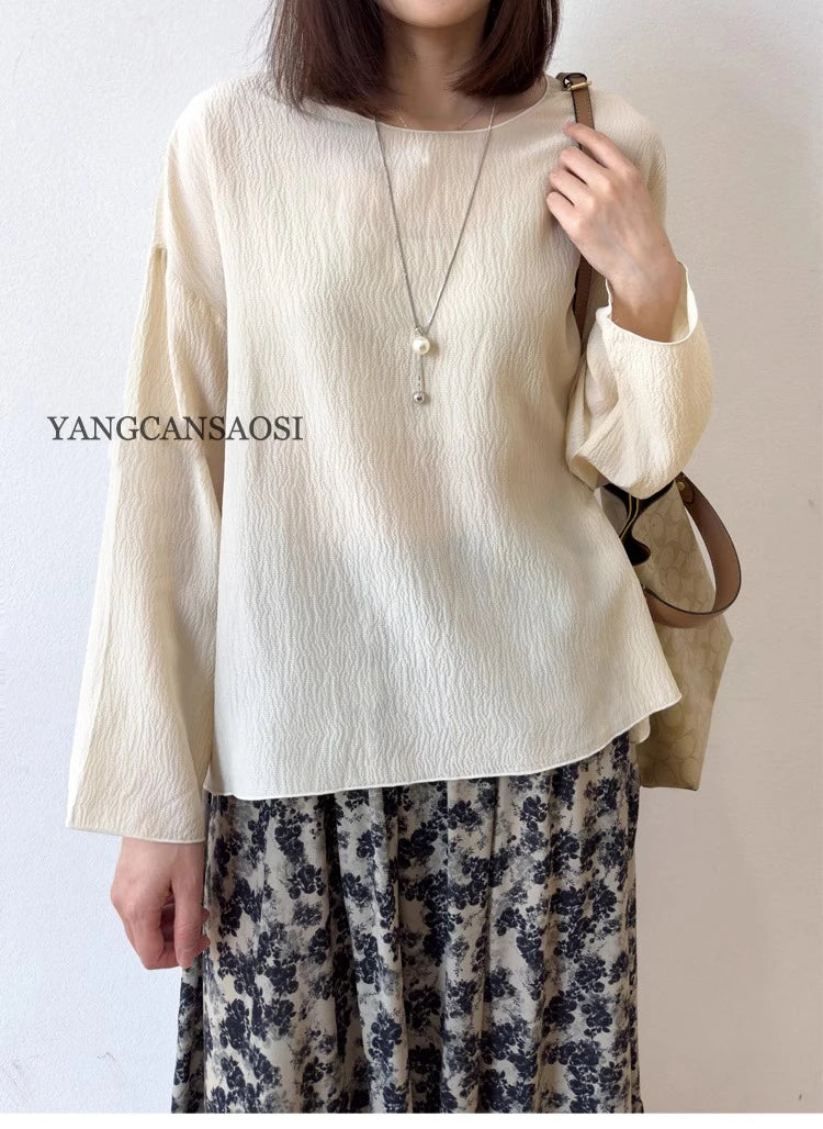 2025 Women's Leisure Summer New 100% Natural Mulberry Silk Bubble Crepe Long Sleeve Air Feel Loose Round Neck Solid T-shirt