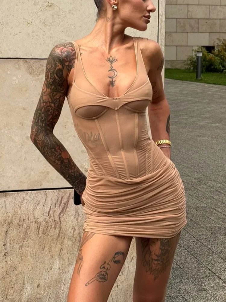 Solid Semi Sheer Corset Pleated Mini Dresses Women Sexy Boned Waist Cinched Slim Fit Sleeveless Dress Summer Party Vacation Gown