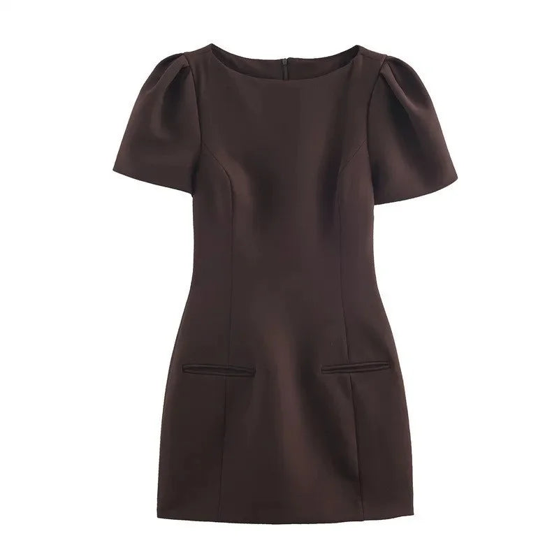 Women's Causal Puff Sleeve Party Dresses Elegant Solid Pockets A-line Slim Zipper Mini Dress Ladies Office Club Evening Outfit