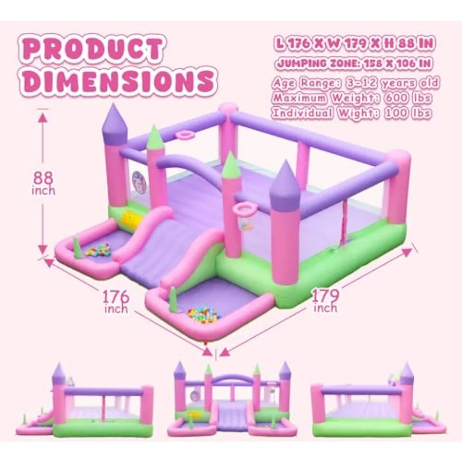 Inflatable Bounce House 15 ft x 14.7 ft with Blower for Aged 3-12 Blue Jumping Castle with Slide 2 Ball Pits 2 Basketballs 2 Ri