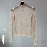 Glittering Mesh Diamond Hollow Out T Shirts Sexy Long-Sleeved Turtleneck Women Hollow Sequined Shirt Party Clubwear Wholesale