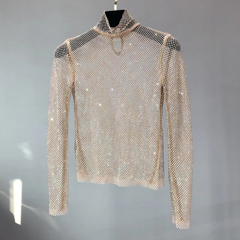 Glittering Mesh Diamond Hollow Out T Shirts Sexy Long-Sleeved Turtleneck Women Hollow Sequined Shirt Party Clubwear Wholesale