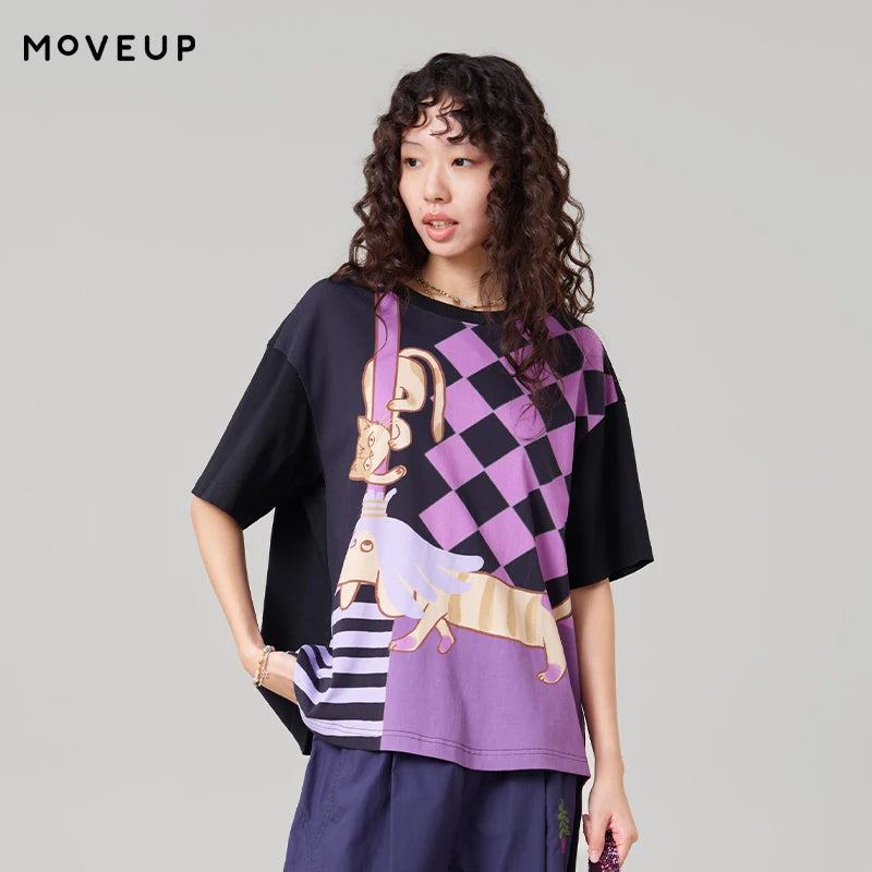 MOVEUP Short Sleeved Round Neck T-Shirt 2026 Summer New Pure Cotton Checkerboard Stripe Pattern Animal Print Tee Women 3ELX10516