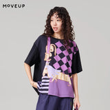 MOVEUP Short Sleeved Round Neck T-Shirt 2026 Summer New Pure Cotton Checkerboard Stripe Pattern Animal Print Tee Women 3ELX10516