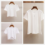 Women's Embroidered O-Neck Casual Tee Solid Color Short Knitted T-Shirt Summer Tops