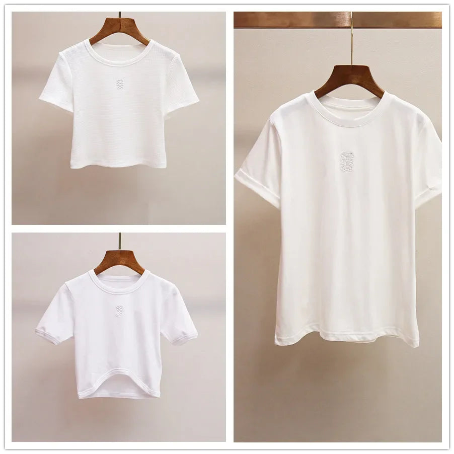 Women's Embroidered O-Neck Casual Tee Solid Color Short Knitted T-Shirt Summer Tops