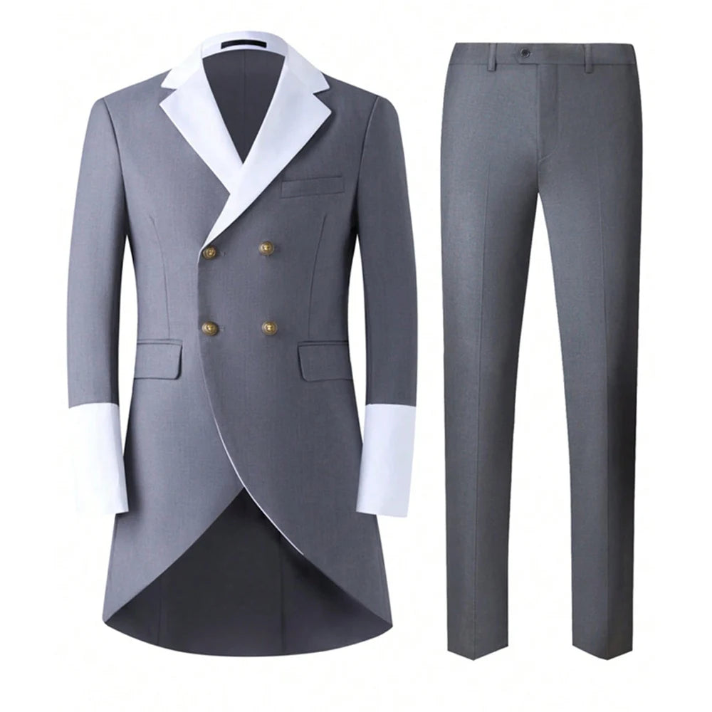 Men Grey Double Breasted Tailcoat Suit 2 Pieces White Peak Lapel Gold Buttons Slim Fit Jacket Pants Set Wedding Groom Tuxedo For Party Prom