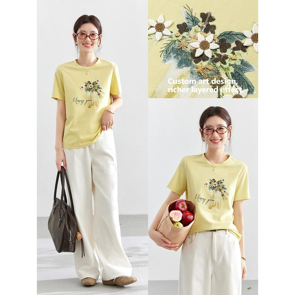 VIMLY Fashion Crew Neck Short Sleeve T-Shirt 2026 Summer New Yellow 3D Flower Embroidered Casual Top Ladies Party Outfit A6278