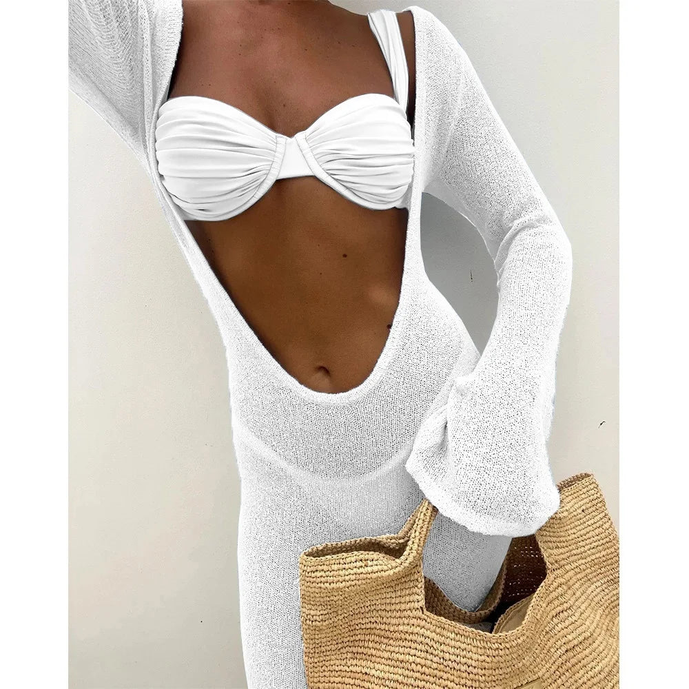 WackDaria Women Swimsuit Three Pieces Bikini Set Long Sleeve Dress Mesh Cover Up Beach Swimming Bathing Suit