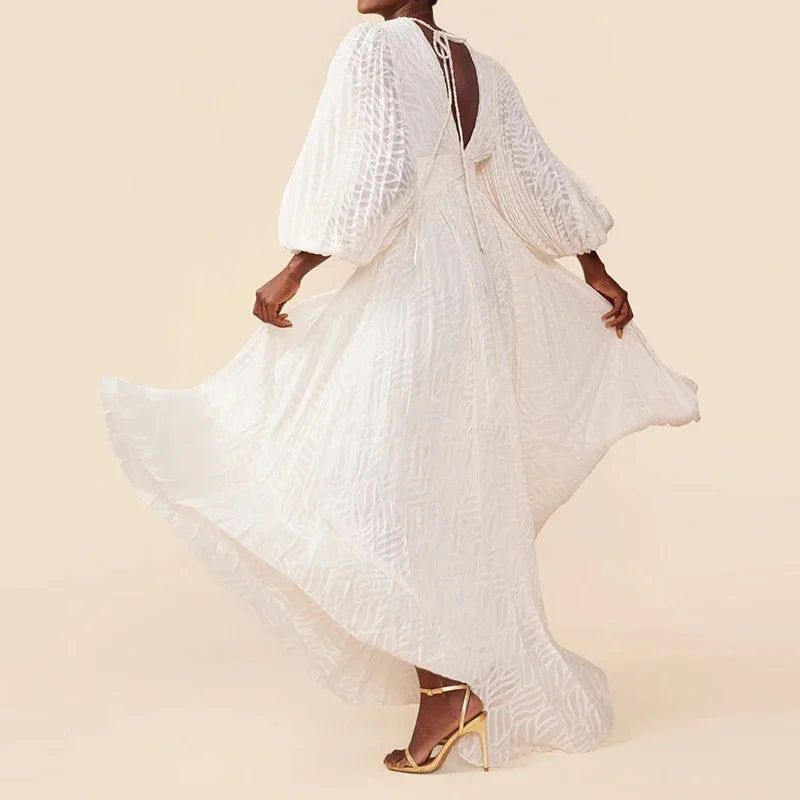 Elegant V-neck Jacquard Swing Long Dress Women Casual Lantern Sleeve Loose Party Dress Fashion Hight Waist Pleated Evening Dress