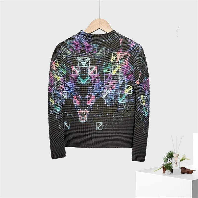 LANMREM Print High Elastic Slimming Women's T-shirt Niche Corn Pleat Round Collar Long Sleeve Pullover Tops 2DB6016