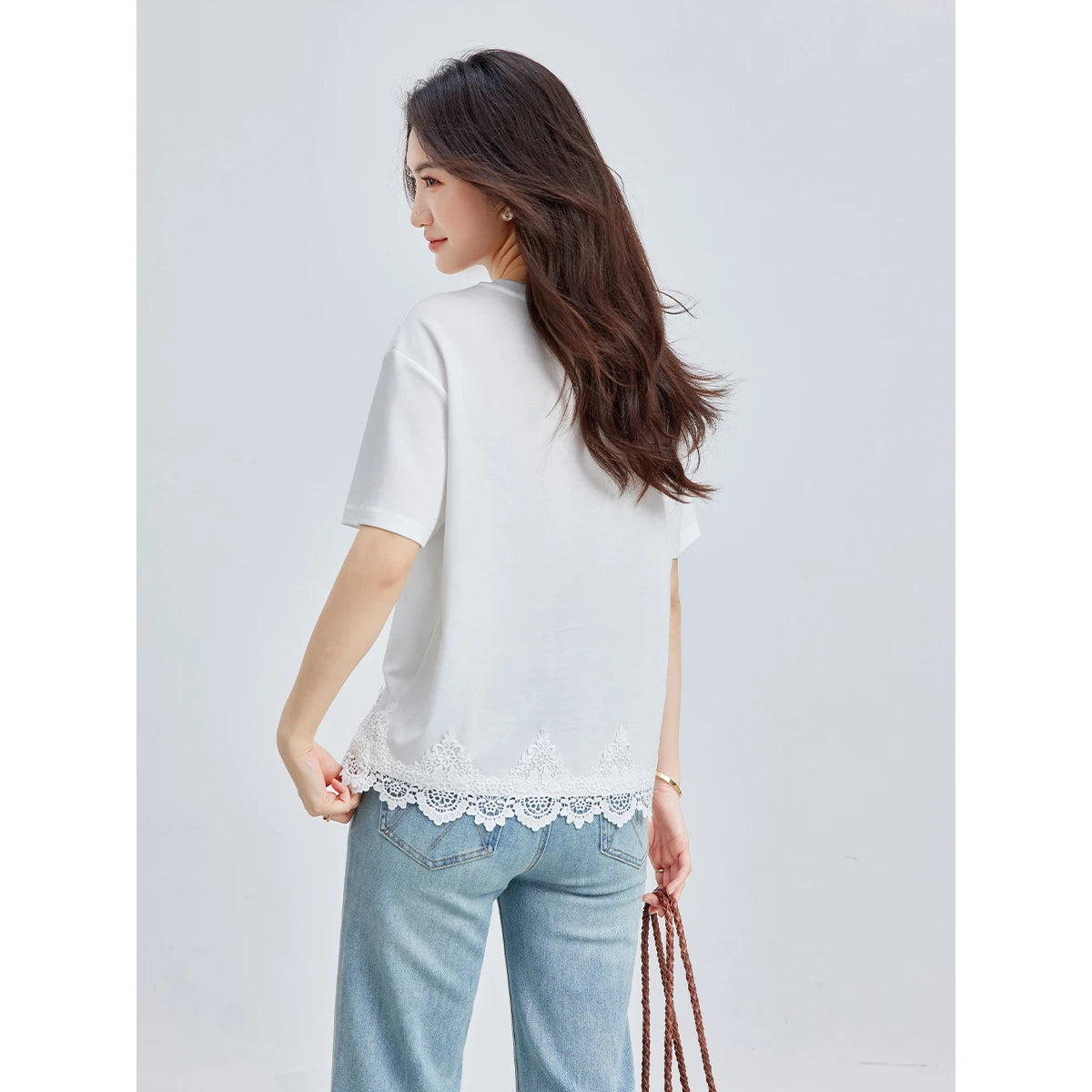 VIMLY French Simple White Short Sleeve Tee Women 2026 Summer Shell Pocket Lace Hem Loose Casual Mid-Length Knit T-shirt A6228