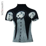 LANMREM niche printting short sleeve pleated t-shirt tee for famle 2025 summer new trend stretch Turtleneck tops women YJ782