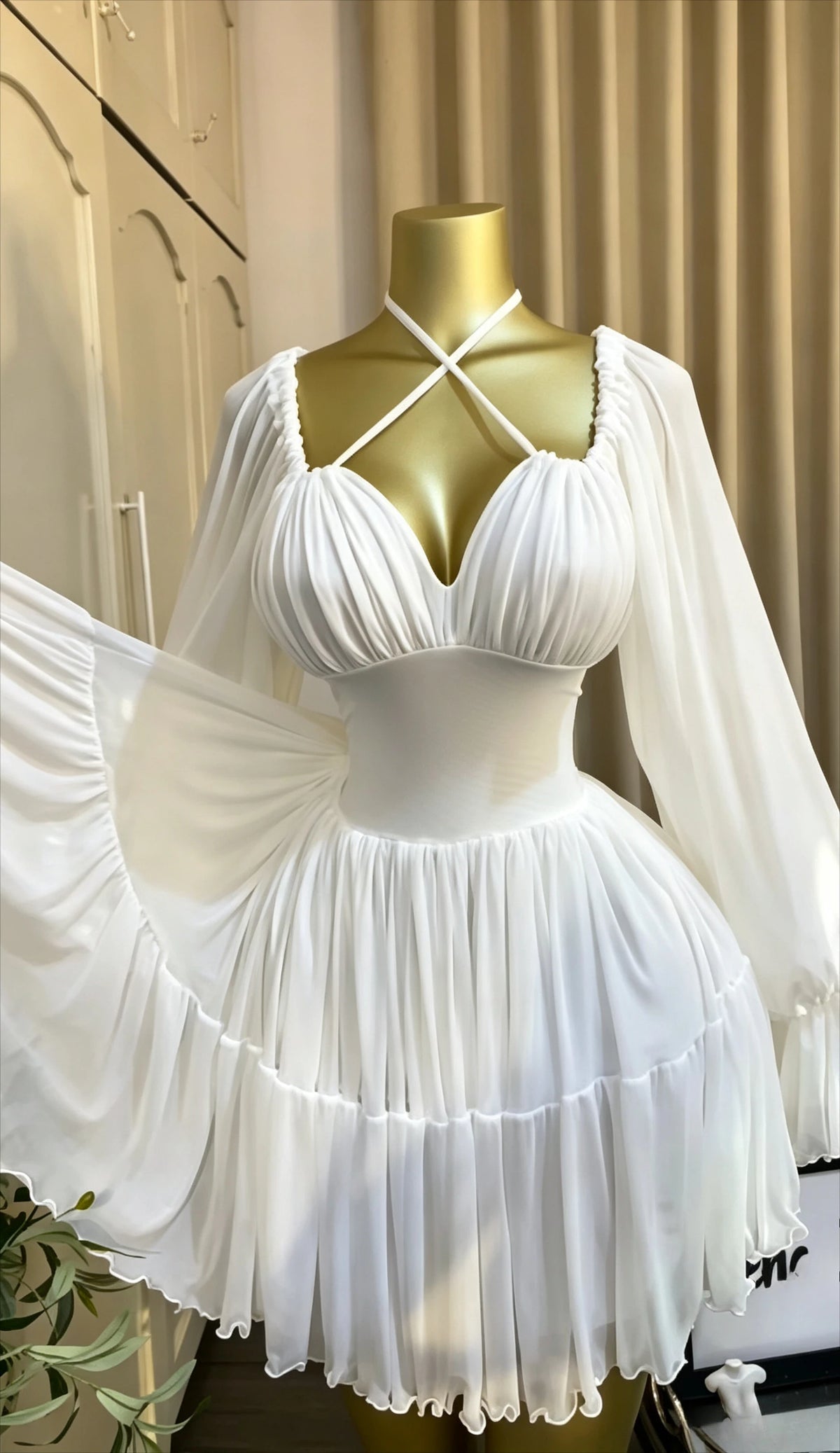 CM.YAYA Women Flare Long Sleeve Strapless Halter Pleated Mini Dress 2026 Fall Street Holiday Ruched Tiered Party Evening Dresses