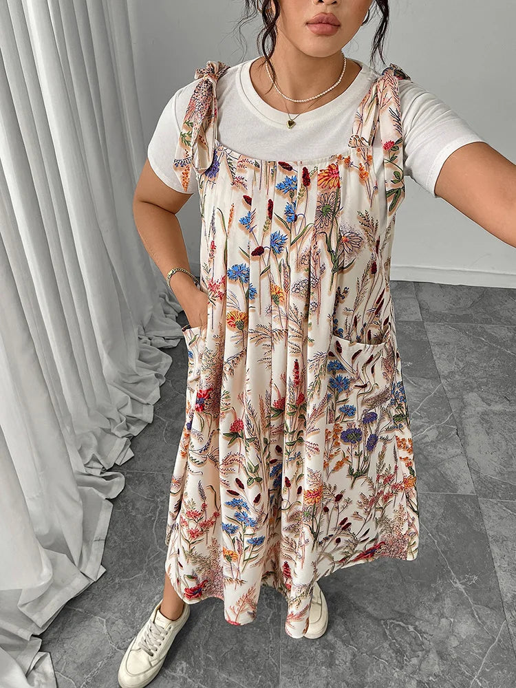 GIBSIE Plus Size Solid Tie Shoulder Overalls Dress For Women 2026 Summer Casual Loose Sleeveless Maxi Long Dresses with Pockets