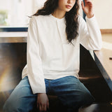 Maden Women's Vintage Long Sleeve White T-Shirt Oversized Loose Fit Crew Neck Casual Tee Layering Top Retro Streetwear Autumn