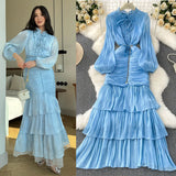 Spliced Lace Dresses Lantern Sleeve Ankle Length Dress Women Solid Party Dress Sexy Wrap Buttocks 2025 Autumn High Waist
