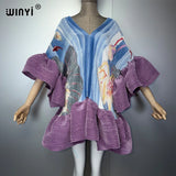 WINYI Women's Pleated Elastic Elegant Short Dress Beach Cover Up Kaftan Abaya Dubai Luxury Evening Wear Muslim Fashion