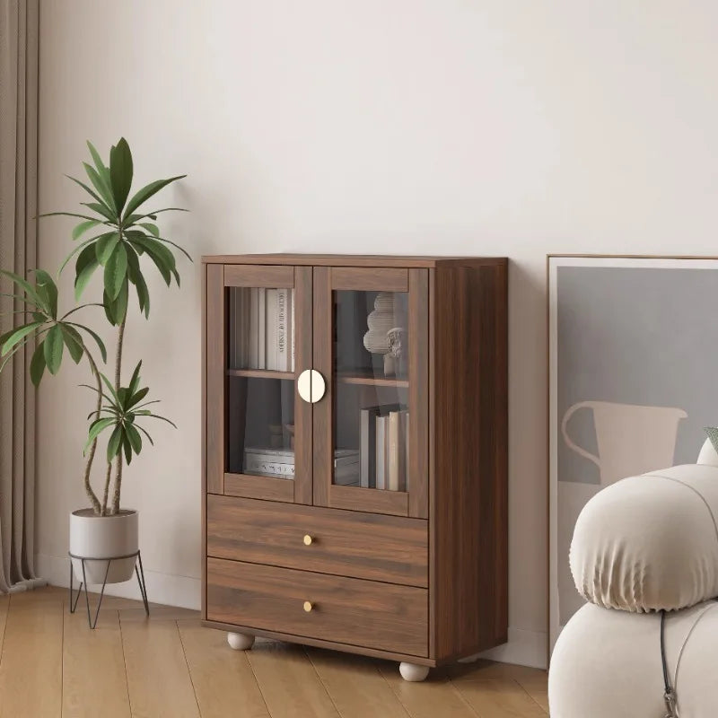 Nordic Solid Wood Bookshelf Modern Minimalist with Glass Doors Multi-layer Display Cabinet Storage Floor-standing Furniture FYBK