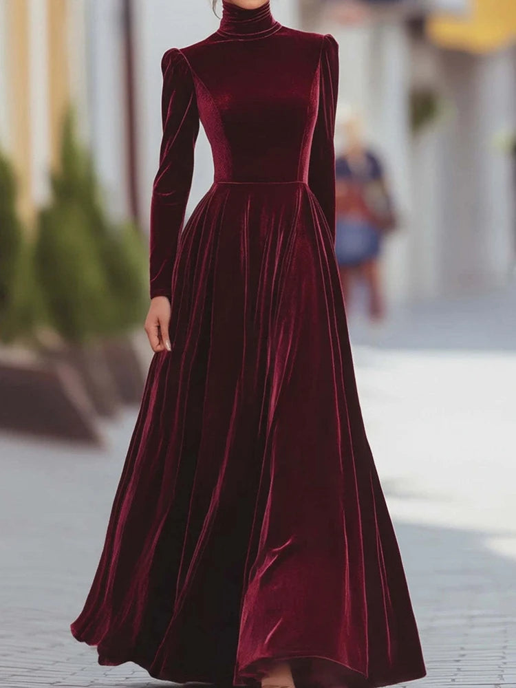 O Neck Solid Patchwork Chic Maxi Dress, Spring Autumn Women Casual Long Sleeve Party Dress, 2025 New Holiday Simple Ladies Dress