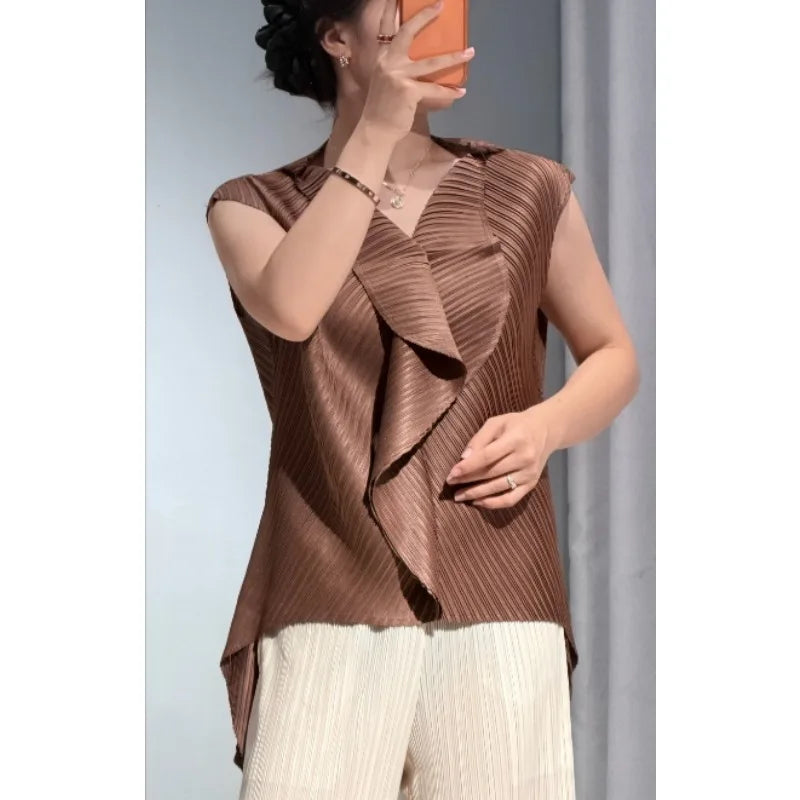 Miyake Pleated T-Shirt 2026 Summer New Irregular Sleeveless Top Simple Casual Fashion V-Neck Fold Vest Commuter Women's Clothing
