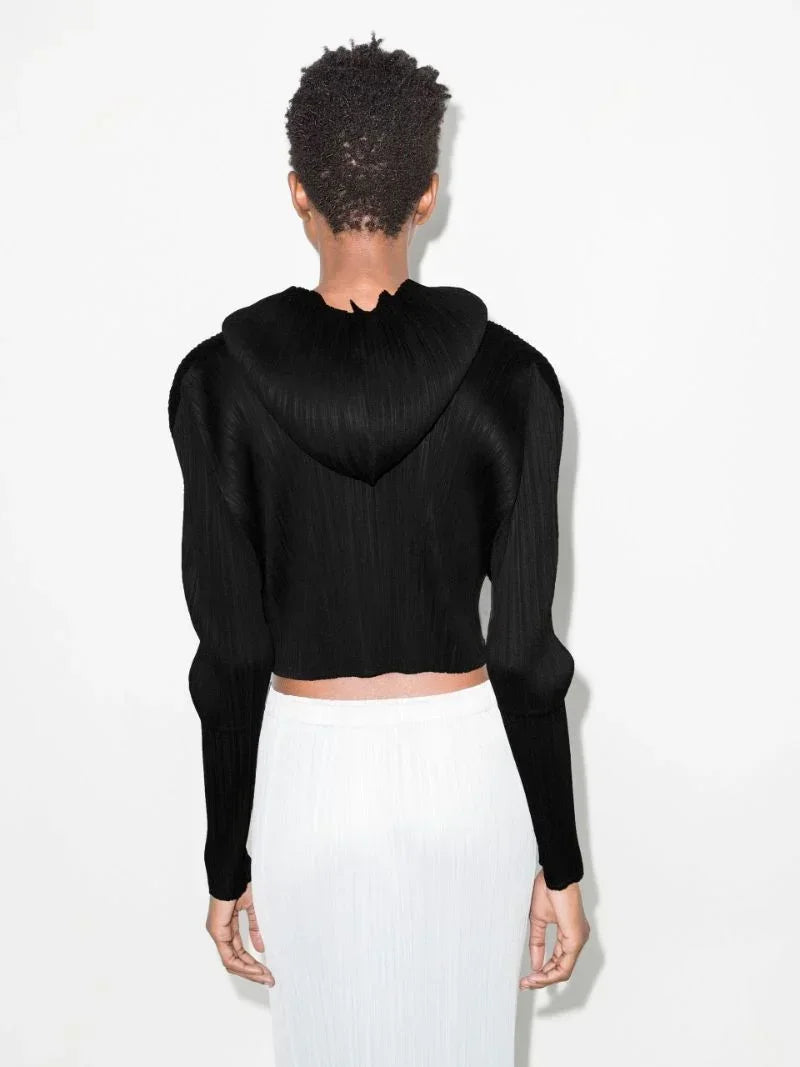 Miyake Women's Pleated Long Sleeve Hoodie Black Short Cropped Top Casual Streetwear