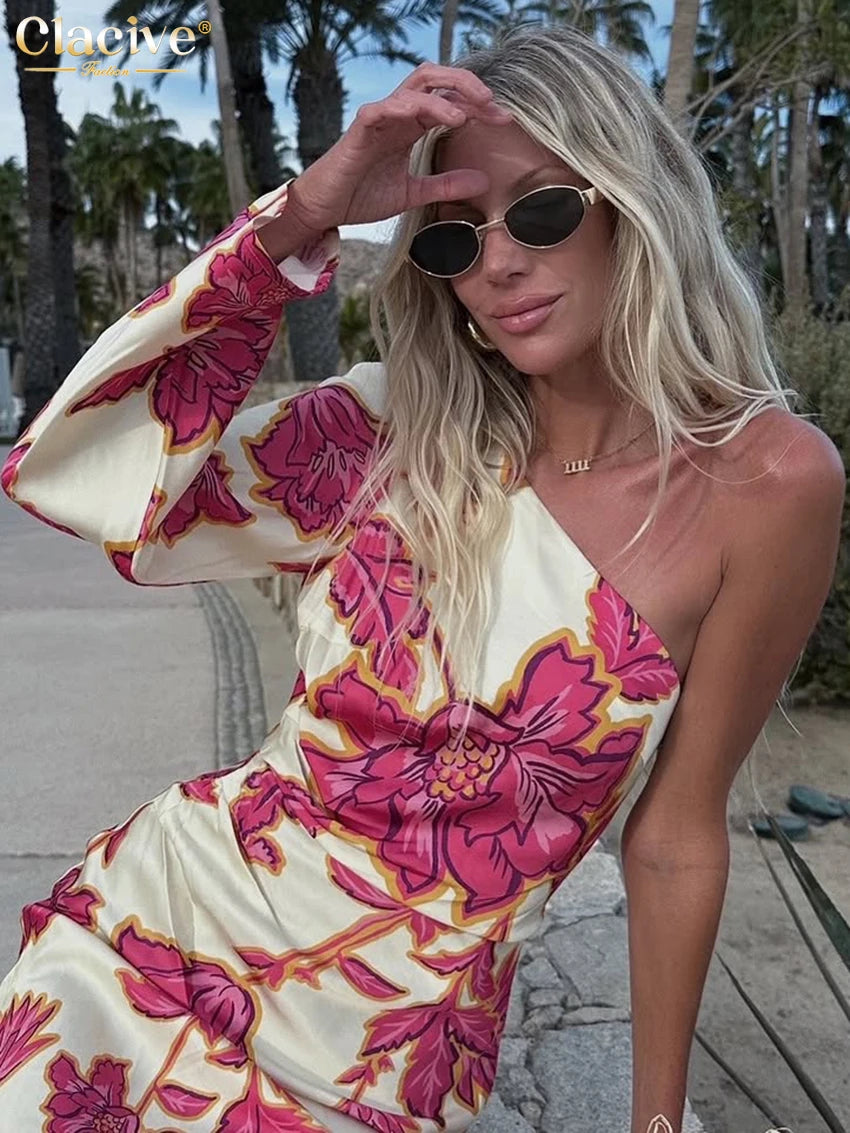 Clacive Fashion Slim Print Women's Dress 2025 Sexy Diagonal Collar Long Sleeve Maxi Dresses Elegant Classic Female Party Dress