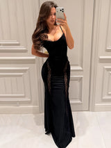 Mozision Spaghetti Strap Backless Sexy Maxi Dress Women Gown Lace Patchwork Sheer Sleeveless Bodycon Club Party Long Dress